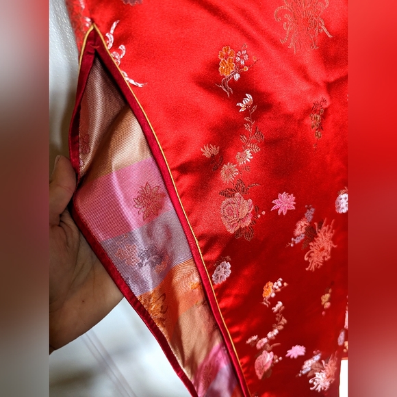 Vintage Long Red Satin Floral Asian Cheongsam Qipao Dress large 10 - Picture 5 of 5
